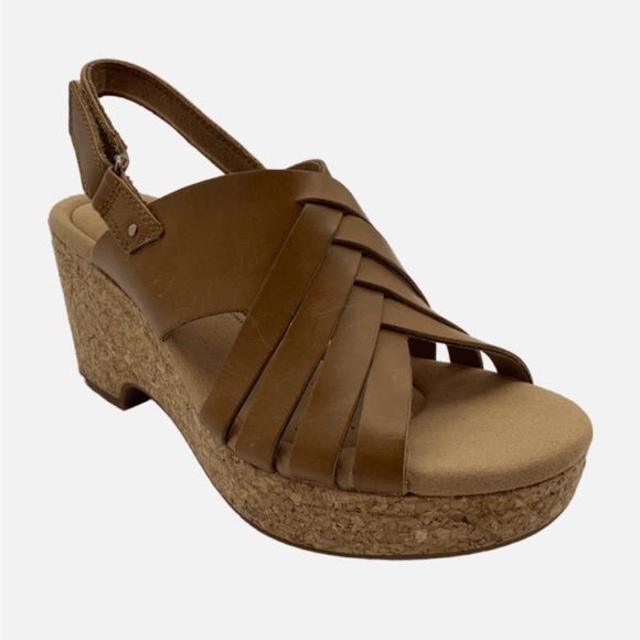 Clarks Collection Woven Leather Wedges-Giselle Glow-Tan-7.5W-NEW-A596102 - Picture 1 of 3